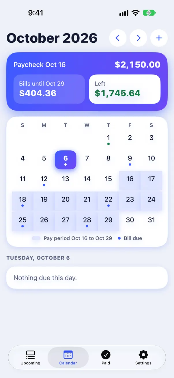 Calendar with paycheck: bills until Oct 29 $404.36, left $1,745.64