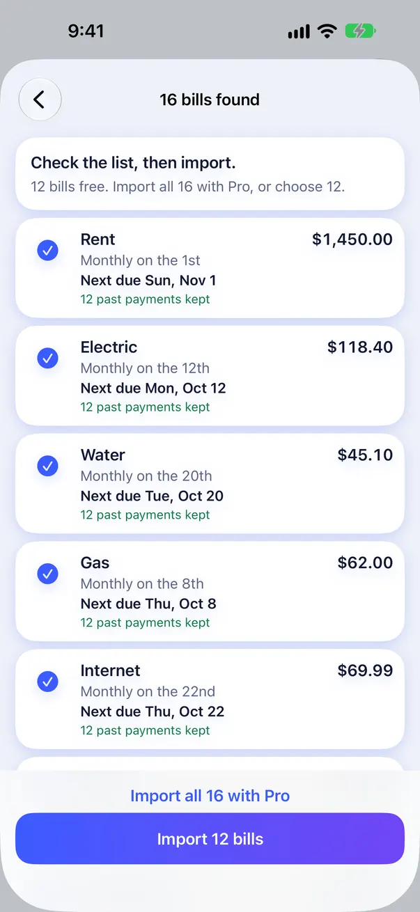 Import preview: 16 bills found in a CSV file