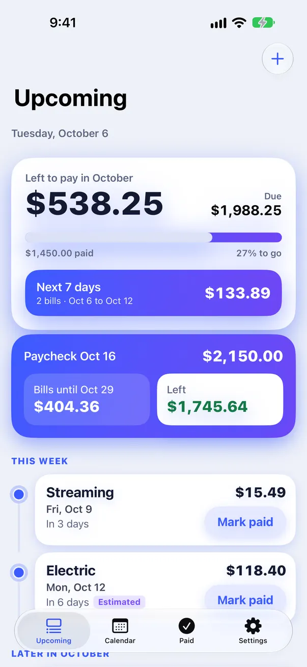 Upcoming screen: October, $1,988.25 due, $538.25 left to pay